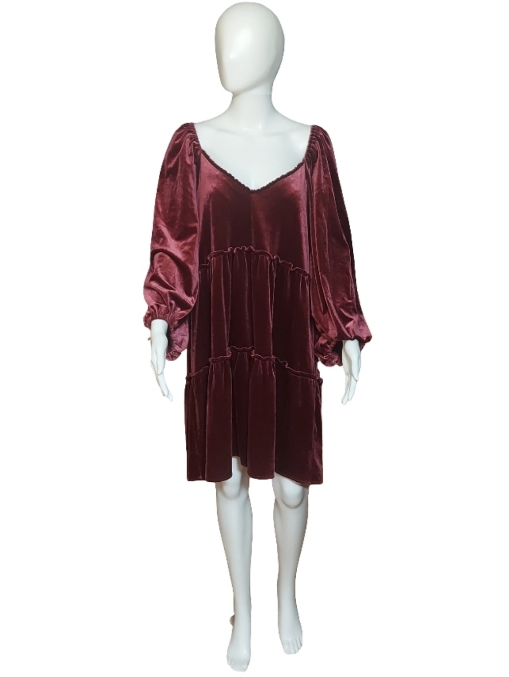 Betsey Johnson Velvet Tiered Babydoll Dress In Burgundy - Picture 2 of 16
